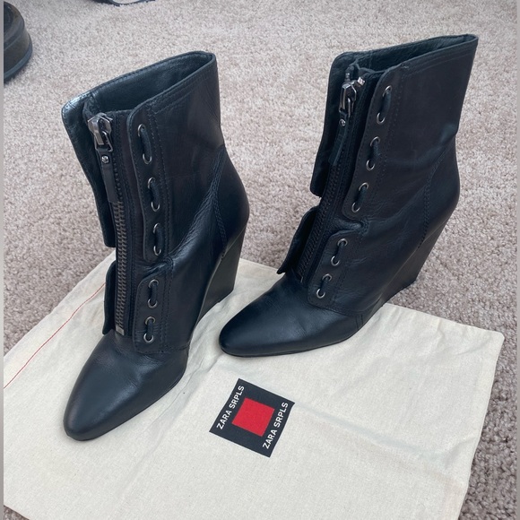 Zara SRPLS Real Leather High Wedge Black Ankle Boots Booties Zip Size 8 / 39 - Picture 2 of 16
